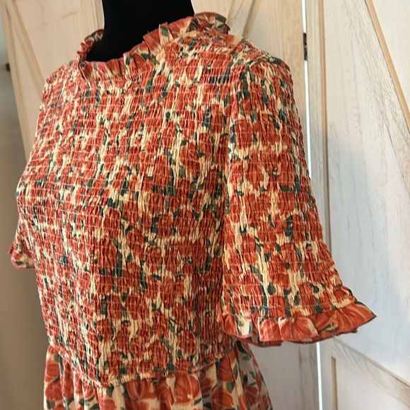 Hayden | Floral Pink and Green Smocked Midi Dress | Size Medium - Picture 3 of 5